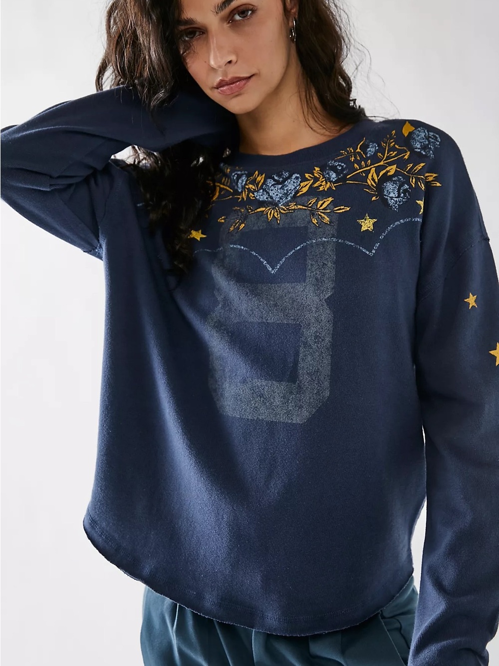 We The Free Women’s Homestead Tee Shirt Longsleeve Relaxed in Blue XS